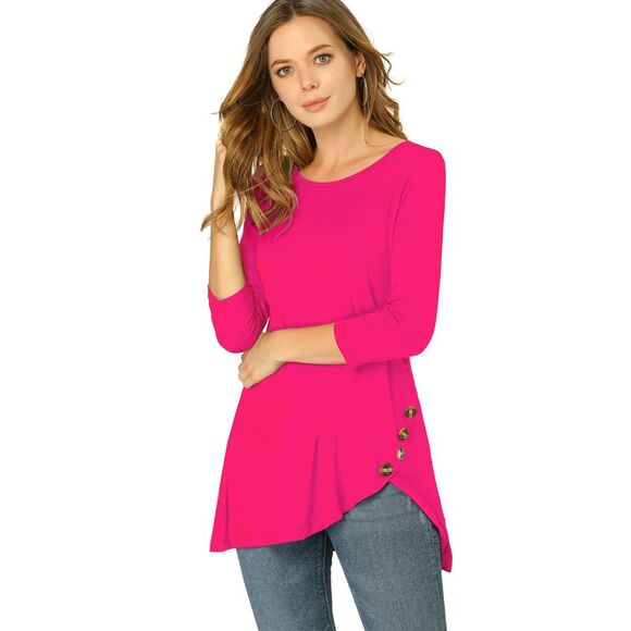 3/4 Sleeve Round Neck Button Decor Stretchy Tunic Tops Hot Pink - Picture 1 of 5